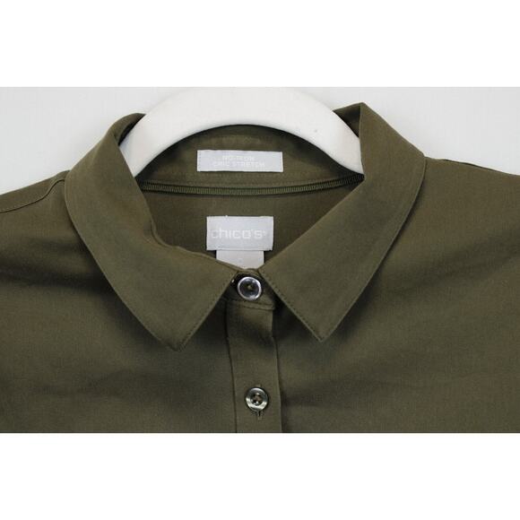 Chico's No Iron Chic Stretch Button Front Top Women 4 Long Sleeve Collared Olive - Picture 11 of 14